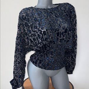 Zara Women’s Black and Blue Leopard Print Long-Sleeve Top Blouse S